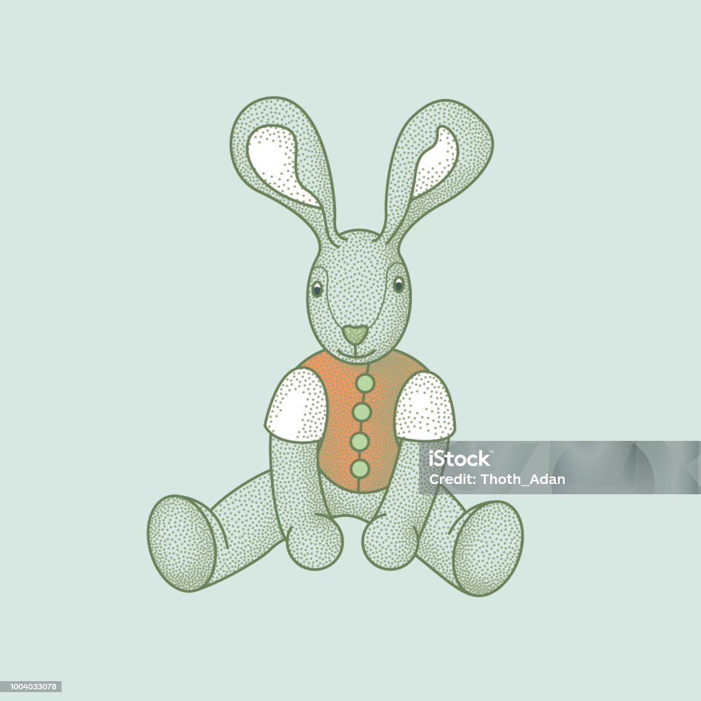 Little, sitting bunny/rabbit with long ears and an orange jacket A stuffed eastern bunny/rabbit (children toy) with big ears and an orange jacket. The illustration is rendered in a retro styled, stipple technique. Stuffed Toy stock vector