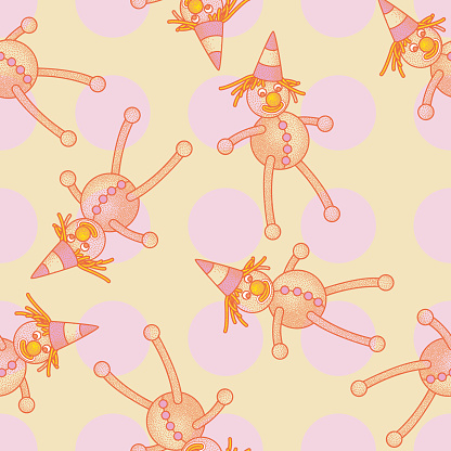 Seamless Pattern playing with stuffed rag dolls (children toy) with long legs, cusp caps and polka dots. The illustration is rendered in a retro styled, stipple technique.