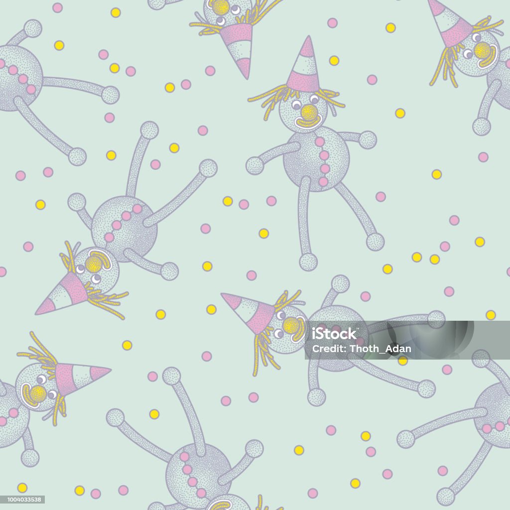 Seamless pattern with colorful rag dolls and dots on light turquoise background Seamless Pattern playing with stuffed rag dolls (children toy) with long legs, cusp caps and colorful balls. The illustration is rendered in a retro styled, stipple technique. Cartoon stock vector