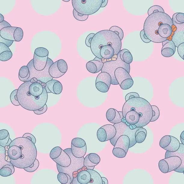 Vector illustration of Blue teddy bear pattern with polka dots on pink background
