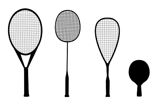 Vector set of black silhouettes of racquet sports - rackets for tennis, table tennis, badminton and squash isolated on white background
