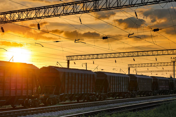 istock railroad infrastructure during beautiful sunset and colorful sky, railcar for dry cargo, transportation and industrial concept 1004053958