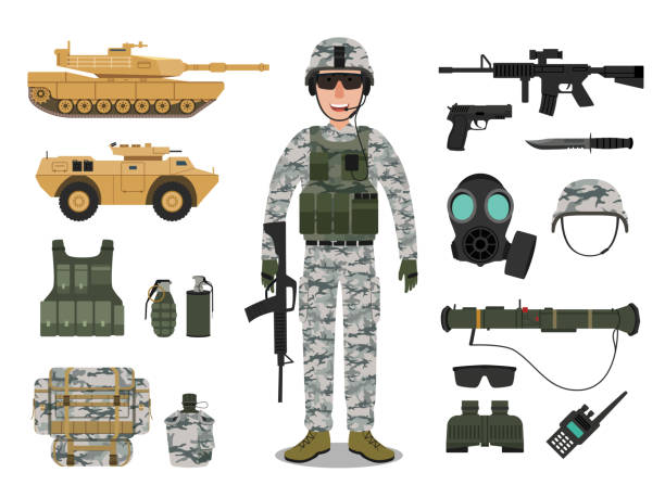 ilustrações, clipart, desenhos animados e ícones de personagem de soldado do exército com veículo militar, armas, equipamento militar e equipamento - military us military tank land vehicle