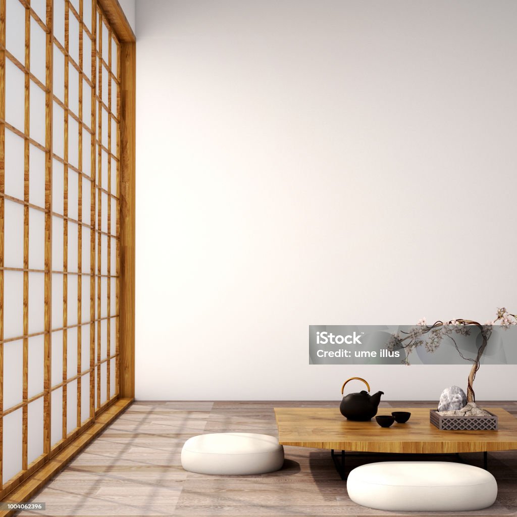 interior design,modern living room in Japanese style Include with table,wood floor and tatami mat and traditional Japanese door on best window with red maple view ,was designed specifically in Japanese style Japan Stock Photo