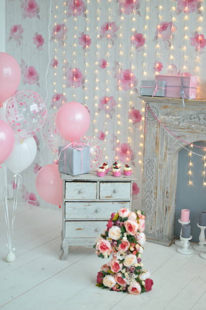 istock Birthday decorations. Balloons pink and white. 1004065302