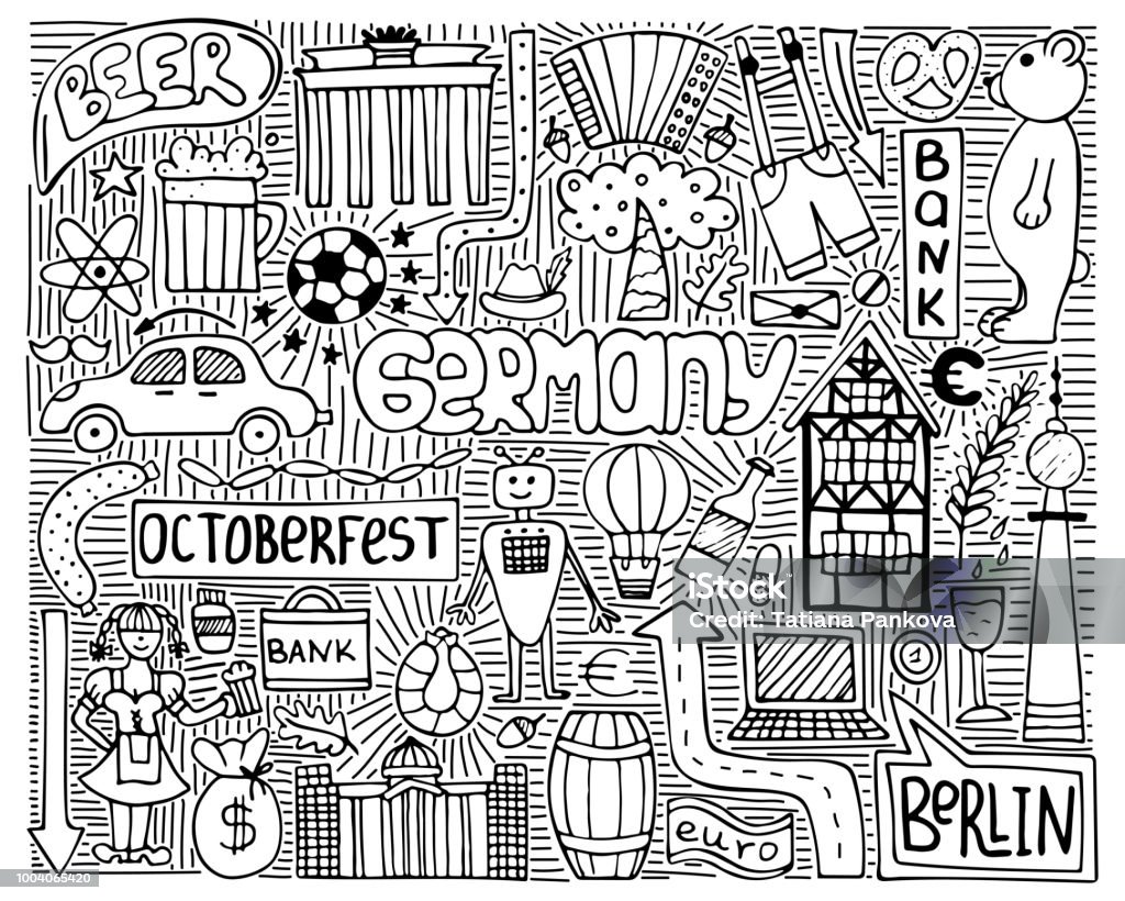 Doodle vector monochrome poster with Germany symbols. Wall art. Acorn stock vector