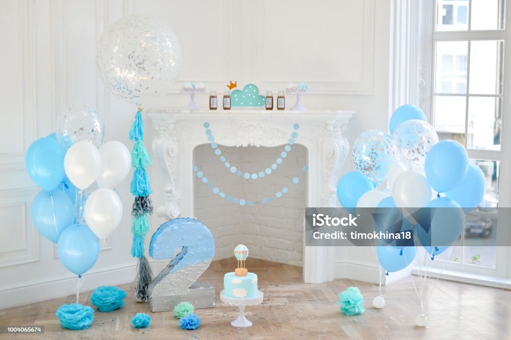 Birthday Decorations Balloons Blue And White Stock Photo - Download Image  Now - Abstract, Anniversary, Arts Culture and Entertainment - iStock