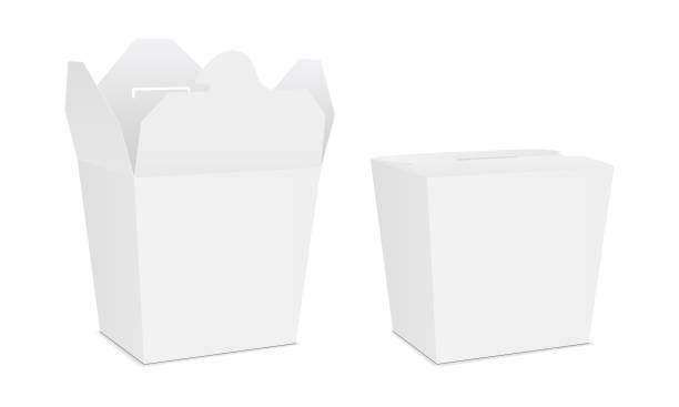 Takeaway chinese noodles food box Takeaway chinese noodles food box - half side view. Opened and closed packaging mockups for design or branding. Vector illustration chinese takeout stock illustrations