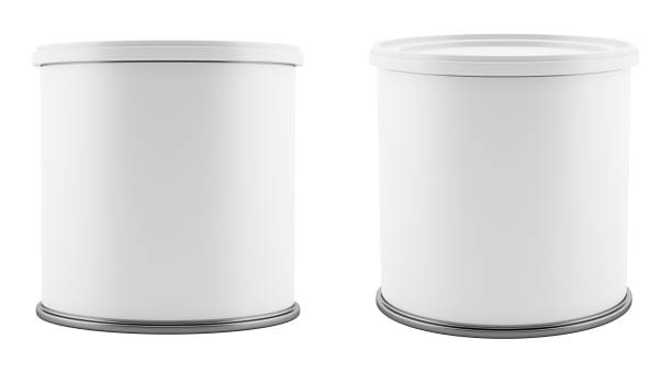 lattina di metallo bianco con coperchio di plastica bianca isolato su sfondo bianco - can canned food container cylinder foto e immagini stock