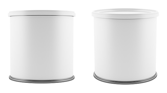 blank metal tin can with white plastic lid isolated on white background