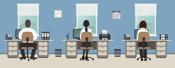 Vector illustration of Office room in a blue color. Office workers sit at the desks