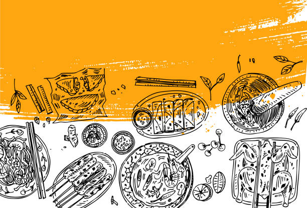 Thai food flyer design. Linear graphic. Vector illustration. Engraved style. EPS 10 street food stock illustrations