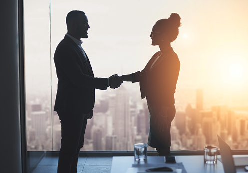 Silhouetted shot of two businesspeople shaking hands in an office
