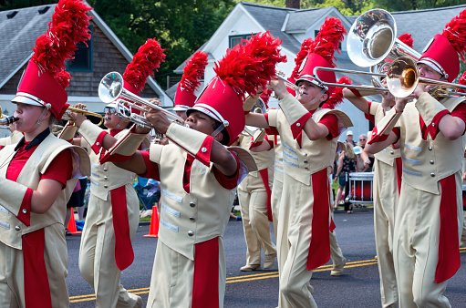 Mendota, MN/USA – July 14, 2018: Sibley High School marching band performs at annual Mendota Days Parade.