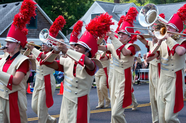 Marching Band Fills Streets in Mendota stock photo