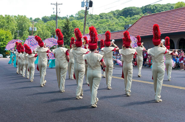 Mendota, MN/USA – July 14, 2018: Sibley High School marching band performs at annual Mendota Days Parade.