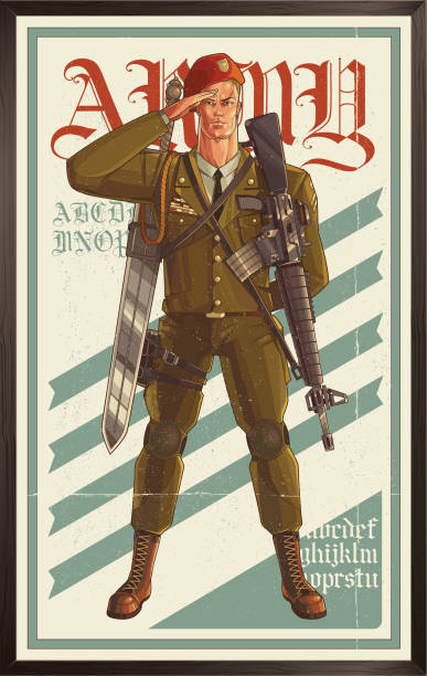 ilustraciones, imágenes clip art, dibujos animados e iconos de stock de póster ejército - veteran military armed forces saluting