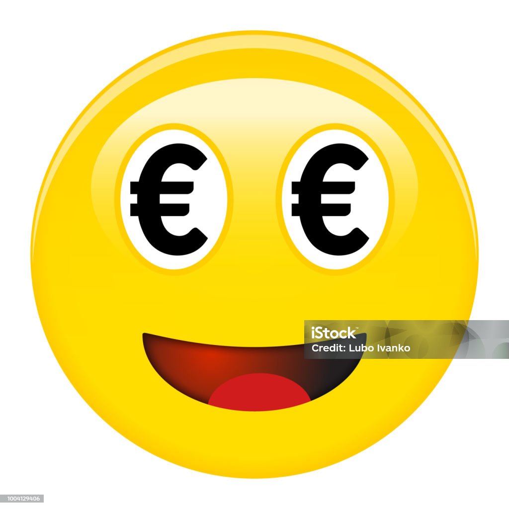 Euro smiley emoticon. Yellow laughing 3d emoji with black eur symbols in place of eyes and red opened mouth. Emoticon stock vector