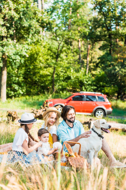 genitori felici e bambini che trascorrono del tempo al picnic con cane labrador - car family picnic vacations foto e immagini stock
