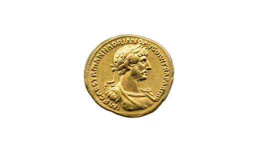 Hadrian Roman Emperor gold coin. Isolated over white background
