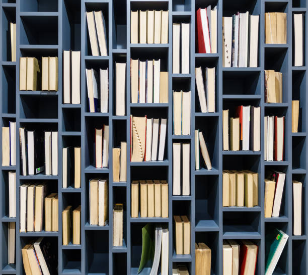 istock Books on blue wooden bookshelf 1004154484