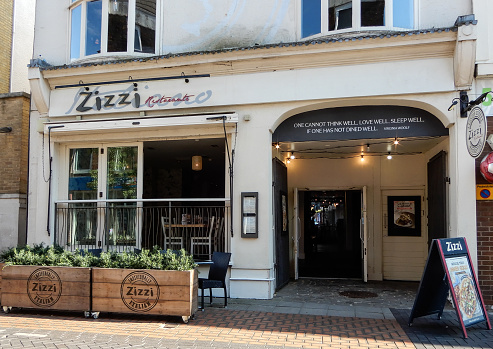 Basingstoke, United Kingdom - July 05 2018:   The Front entrance to Zizzi Italian Restaurant in London Street