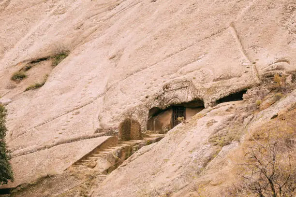Photo of Sagarejo Municipality, Kakheti Region, Georgia. Ancient Rock-hewn Georgian Orthodox David Gareja Monastery Complex. Monastery Is Located Is Southeast Of Tbilisi. Hundreds Of Cells, Churches
