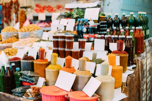 Photo of Tbilisi, Georgia. Ajika, Condiment, Fragrant Spices, Aromatic Herbs. Khmeli Suneli, Svanetian Salt, Utskho Suneli, Saffron And Others On Local Food Market