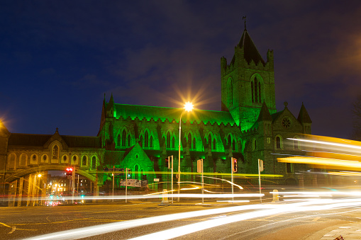 Christchurch Cathedral, Dublin lit up green for Saint Patrick's Day.