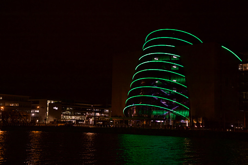 Convention Centre, Dublin lit up green for Saint Patrick's Day.