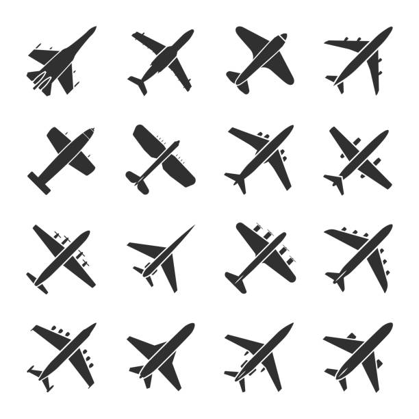 Aircraft icon set Aircraft icon set. Airplanes vehicle symbol, military gliders black machine in air flight, planes design. Vector flat style cartoon illustration isolated on white background airplane silhouette commercial airplane shipping stock illustrations