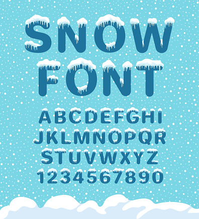 Snow winter font. Snowy assortment, set of northern characters and figures, cold season decoration. Vector illustration on blue background