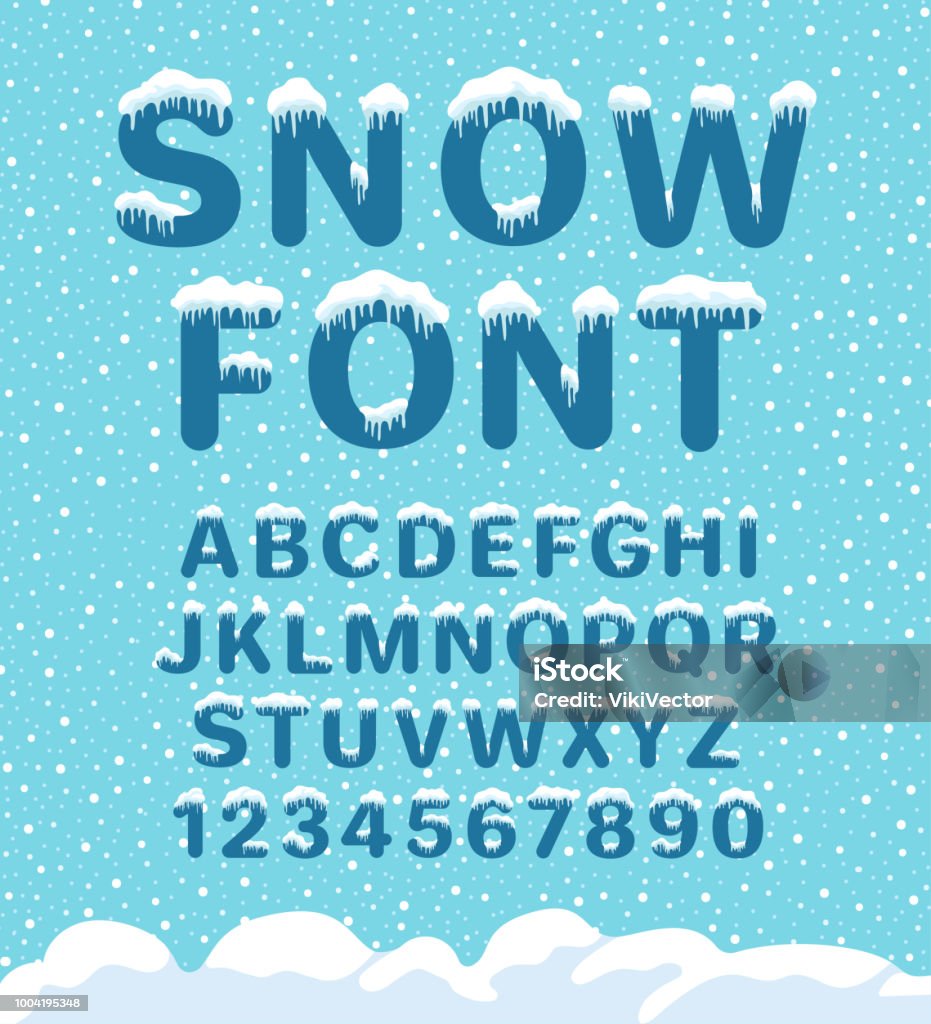 Snow winter font Snow winter font. Snowy assortment, set of northern characters and figures, cold season decoration. Vector illustration on blue background Snow stock vector