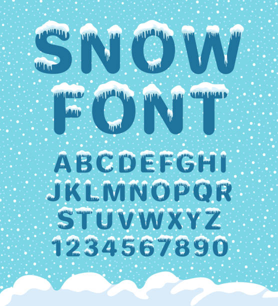 Snow winter font Snow winter font. Snowy assortment, set of northern characters and figures, cold season decoration. Vector illustration on blue background ice stock illustrations