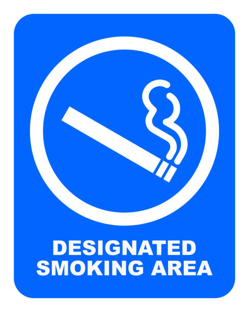 Designated smoking area sign. White cigarette with smoke symbol in blue and white circle. Designated smoking area sign. White cigarette with smoke symbol in blue and white circle. nonsmoker stock illustrations