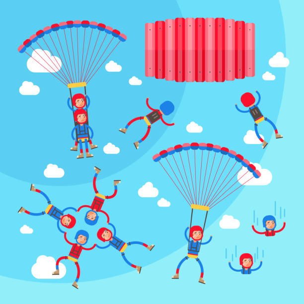 ilustrações de stock, clip art, desenhos animados e ícones de skydiving vector illustration set. collection of solo, tandem and formation group flights. pilot with passenger, harness, parachute and selfie stick. extreme sport. - skydiving tandem parachute parachuting