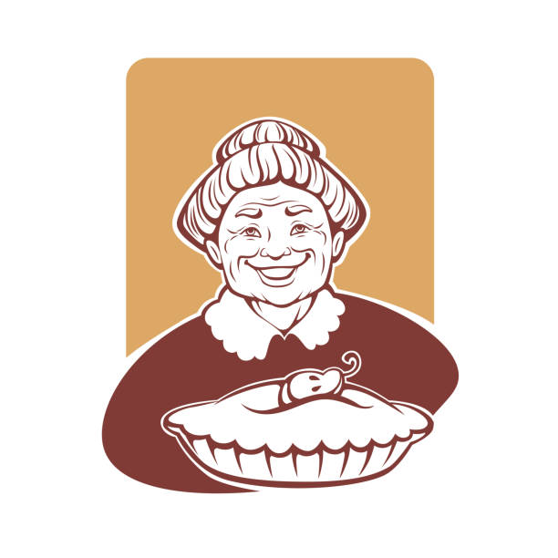사랑 스러운 할머니와 집에서 만든된 파이의 벡터 초상화 - grandmother pie cooking baking stock illustrations