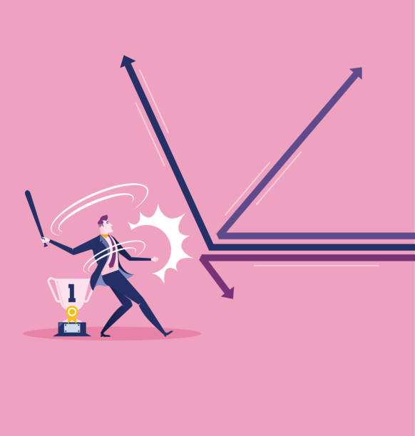 ilustrações de stock, clip art, desenhos animados e ícones de businessman swinging baseball bat hit the arrow. business concept vector. - home run baseball baseball bat businessman