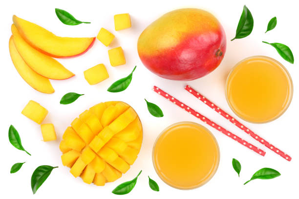 istock Mango juice and fruit decorated with leaves isolated on white background close-up. Top view. Flat lay 1004217250