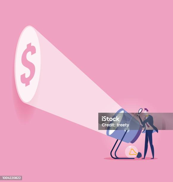 Businessman With Flashlight And Dollar Sign Stock Illustration - Download Image Now - Flashlight, Spotlight, Searchlight