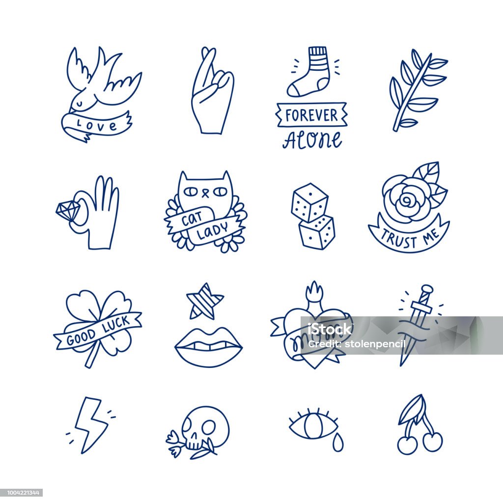 ÐÐ»Ñ ÑÑÐ¾ÐºÐ¾Ð²ÑÑ ÑÐ°Ð±Ð¾Ñ Cool doodle tattoo set, isolated vector illustrations Tattoo stock vector