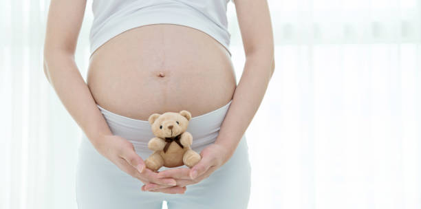 istock Pregnant woman holding a small teddy bear 1004222792