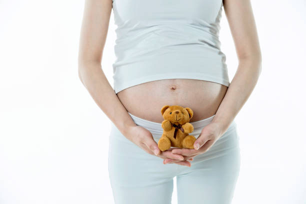 istock Pregnant woman holding a small teddy bear 1004225236