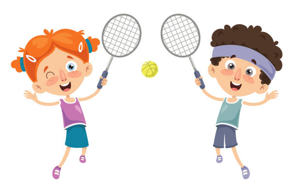 vektor-illustration von kid tennis spielen - tennis court tennis ball table tennis stock-grafiken, -clipart, -cartoons und -symbole