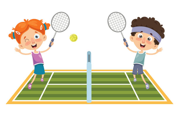 vektor-illustration von kid tennis spielen - tennis court tennis ball table tennis stock-grafiken, -clipart, -cartoons und -symbole