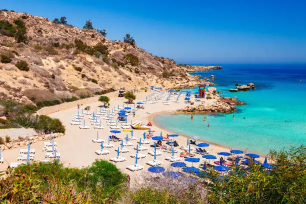 Photo of Beautiful landscape near of Nissi beach and Cavo Greco in Ayia Napa, Cyprus island, Mediterranean Sea. Amazing blue green sea and sunny day.