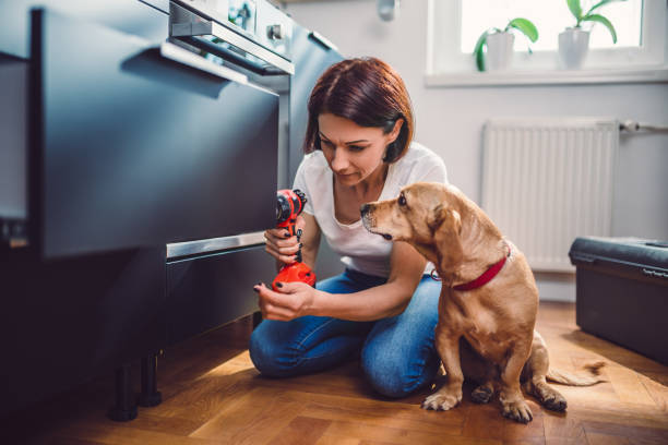 キッチンと、コードレス ドリルを使用して犬を持つ女性 - drill repairing installing home improvement ストックフォトと画像