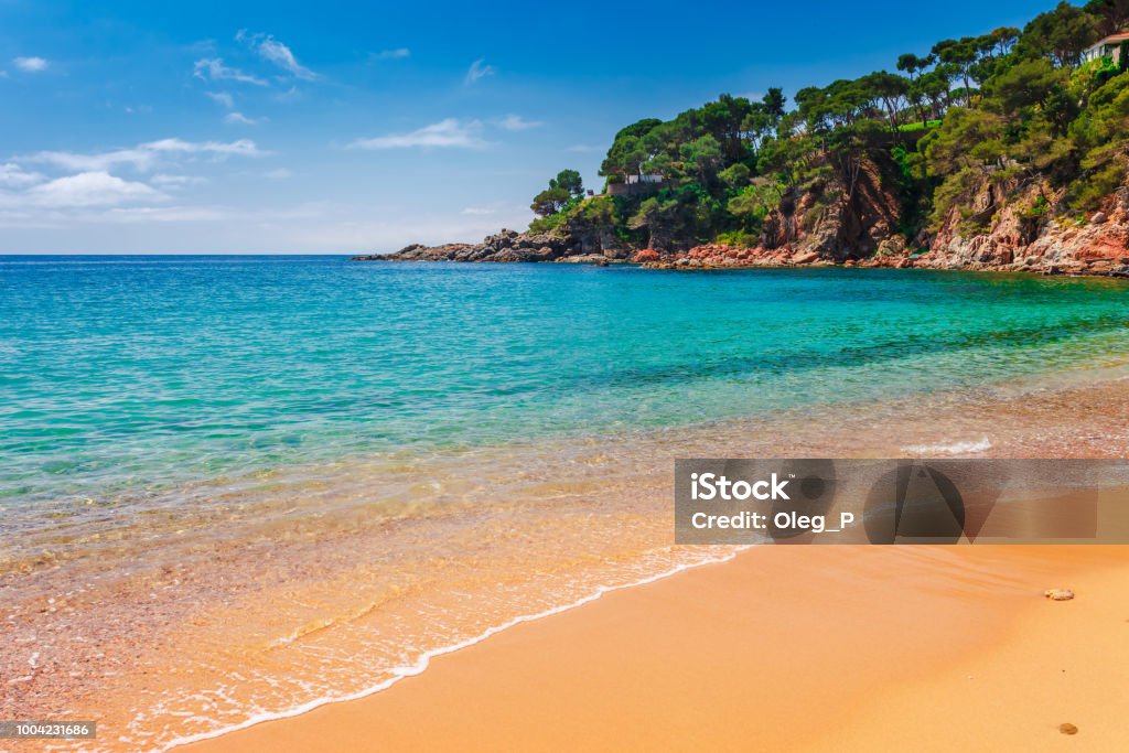 Sea landscape Llafranc near Calella de Palafrugell, Catalonia, Barcelona, Spain. Scenic old town with nice sand beach and clear blue water in bay. Famous tourist destination in Costa Brava Barcelona - Spain Stock Photo