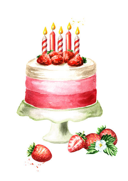 キャンドルとバースデー ケーキ。水彩の手描きイラスト、白い背景で隔離 - cake white birthday backgrounds点のイラスト素材／クリップアート素材／マンガ素材／アイコン素材