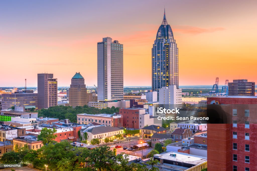 Mobile, Alabama, USA Skyline Mobile, Alabama, USA downtown skyline at dusk. Alabama - US State Stock Photo
